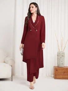 Modelyn Burgundy Red Women'S Double-Breasted Suit Jacket And Pants Set - Burgundy - View 5