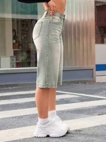 SHEIN ICON 水洗五袋牛仔短褲 - 軍綠色 - 查看 5