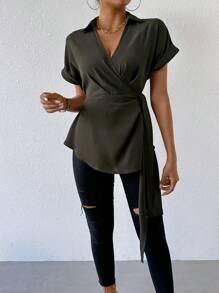 Chiquease Batwing Short Sleeve Tie Front Wrap Side Blouse - Army Green - View 5