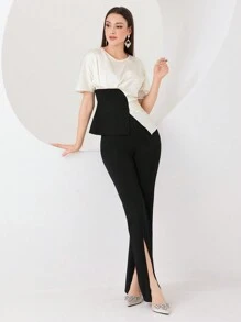 Modelyn Conjunto Para Mujer De Top Plisado De Bloques De Color Y Pantalones Con Dobladillo Dividido - Multicolor - Ver 3