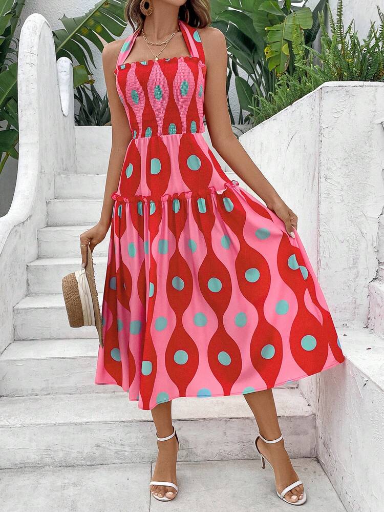 Color Block Polka Dot Backless Halter Neck Tie Dress