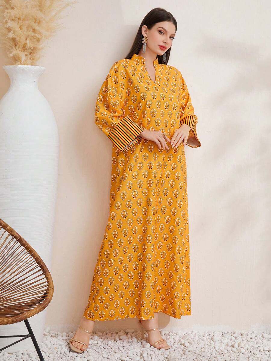 Al Najma Notched Neckline All-Over Printed Dress - Yellow - View 1