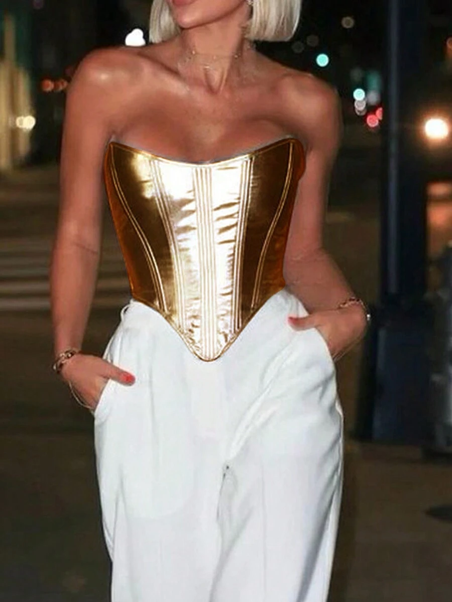 Shiny Faux Leather Waist-Tied Top Summer - Gold - View 1