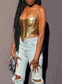 Shiny Faux Leather Waist-Tied Top Summer - Gold - View 3