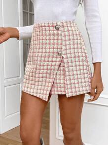 SHEIN Frenchy 女性格紋不對稱裙褲 - 粉色 - 查看 5