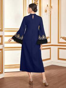 Al Najma Tassel Patchwork Half High Collar Dress Kaftan Jalabiya Dress - Royal Blue - View 2