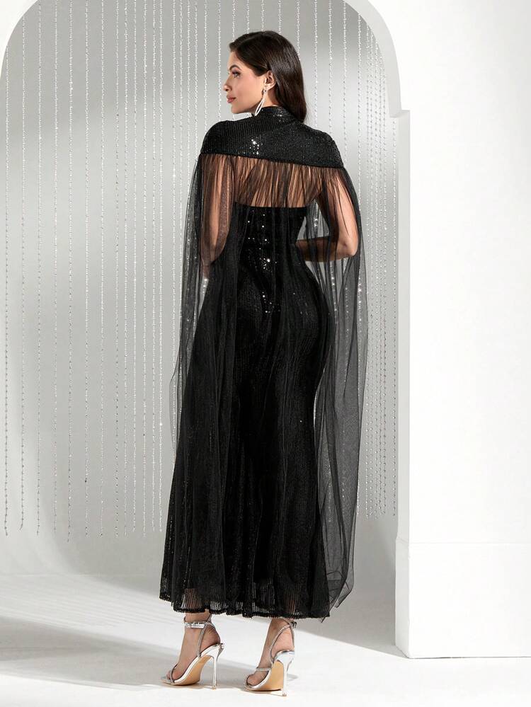 Women'S Glitter Strapless Mermaid Hem Dress And Mesh Contrast Coat 2pcs/Set 2 Piece Set