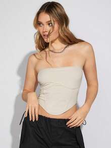 SHEIN EZwear Quý cô Màu Quả mơ Đan Áo Bandeau - Màu be - Xem 3