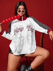 SHEIN LUNE Women'S Plus Size Letter Print Color Block Zip Up Jacket