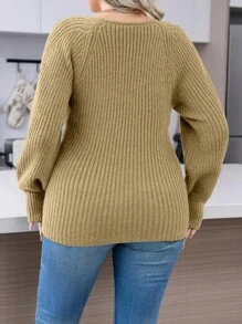 SHEIN LUNE 大尺碼甜心領氣球袖套頭毛衣 - 卡其色 - 查看 2