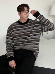 DAZY 男士秋冬條紋落肩圓領衛衣 - 彩色 - 查看 5
