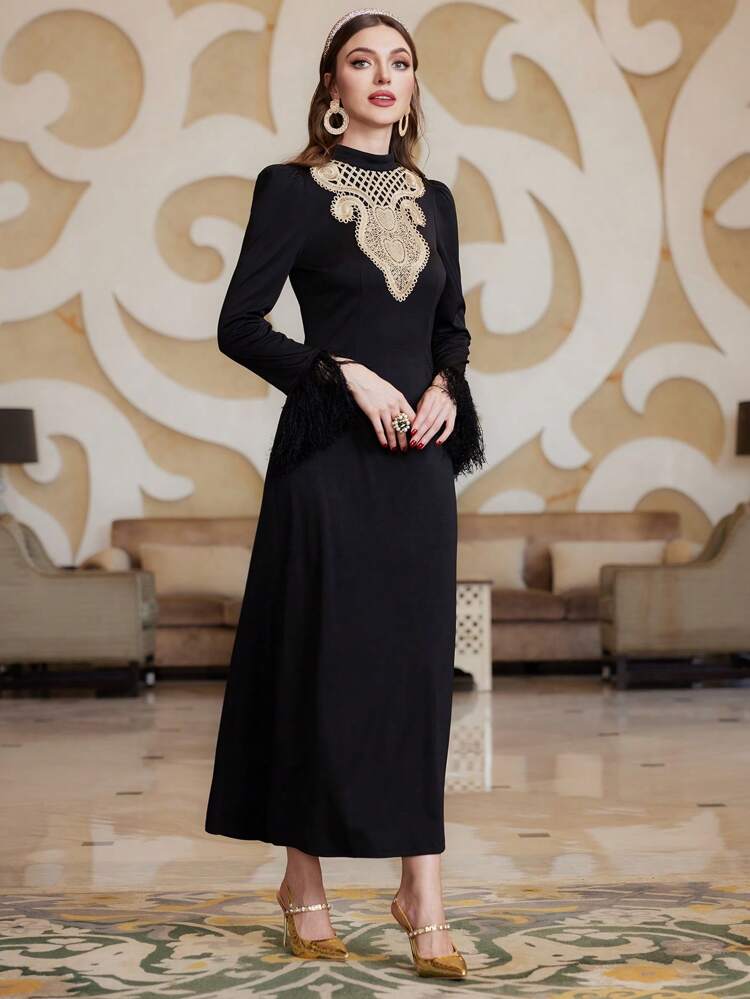 Embroidery Detail Round Neck Fringed Bodycon Dress