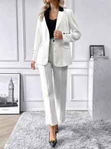 Chiquease Contrast Collar Flap Detail Blazer & Suit Pants - White - View 3