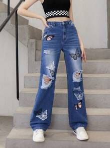 Teen Girls Butterfly Print Ripped Jeans,Holiday,Summer,Travel - Dark Wash - View 3