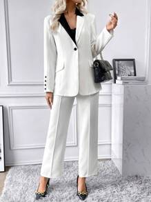 Chiquease Contrast Collar Flap Detail Blazer & Suit Pants - White - View 5