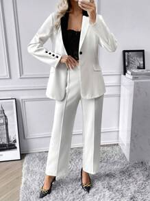 Chiquease Contrast Collar Flap Detail Blazer & Suit Pants - White - View 6