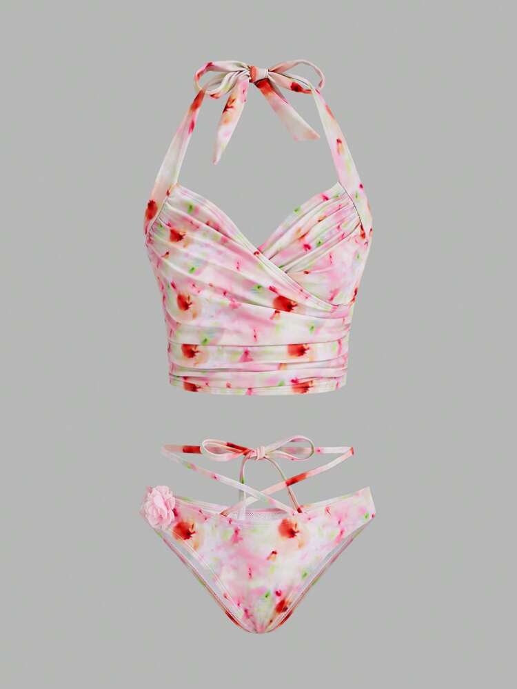 Summer Women'S Floral Print Halter Neck Swimwear Set