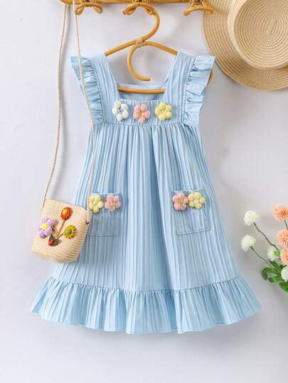 Young Girl Textured Pleated Faux Flower Decor Light Blue Dress, Featuring A Soft Light Blue Tone, Unique Textured Pleated Design, And Charming Colorful Faux Flower Accents, Creating A Fresh Countryside Aesthetic, Suitable For Casual Daily Wear, Vacations, Family Gatherings Or Outdoor Activities, Perfect For Spring And Summer Seasons