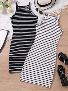 SHEIN Explorewe 少女條紋基礎款2件裝連衣裙套裝