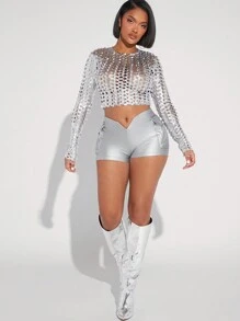 Hauture Metallic Allover Hollow Out Crop Top - Silver - View 3
