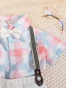 幼兒男童綁定優雅格子領帶襯衫和吊帶長褲紳士套裝2件/套 - 彩色 - 查看 3