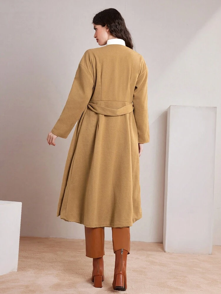 Women's Woolen Coat Without Collar With Belt