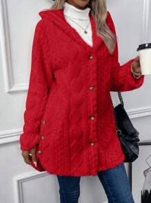 SHEIN LUNE 女士實色毛絨扣前帽子外套 - 紅色 - 查看 3