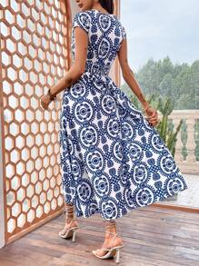 SHEIN Frenchy In Cổ chữ V Eo-thắt chặt Đầm giản dị - Xanh và trắng - Xem 2