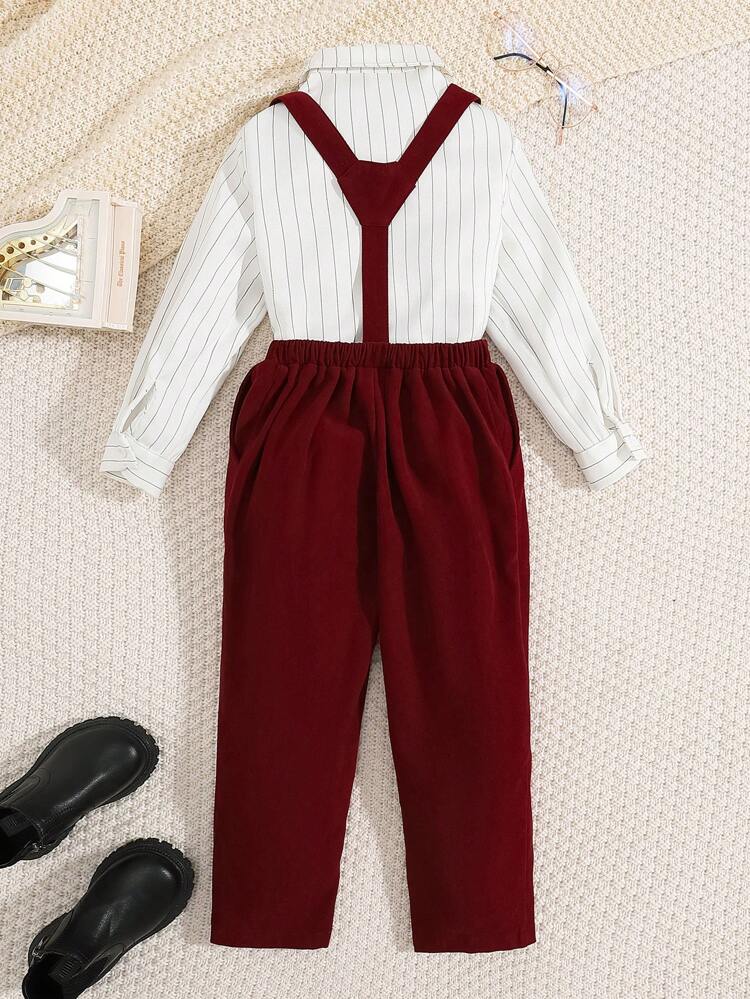 2pcs/Set Young Boys' Elegant Woven Stripe Shirt With Bow Tie And Suspender Pants Gentleman Outfit