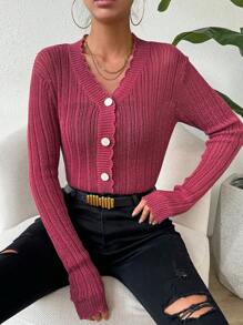 Chiquease Women's Button Front Cardigan With Curved Hem Fall Cloth For Women - Hot Pink - View 1