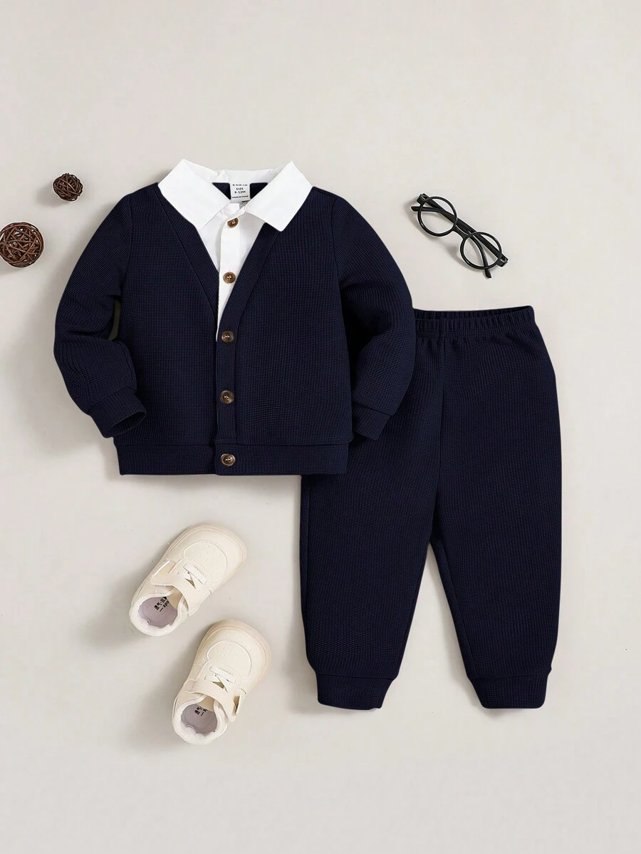 SHEIN Leap Crew Conjunto de Jaqueta e Calça Longa Tricotada Retalhos de 2 em 1 para Meninos Bebês - Azul Royal - Visão 1