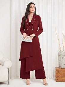 Modelyn Burgundy Red Women'S Double-Breasted Suit Jacket And Pants Set - Burgundy - View 1