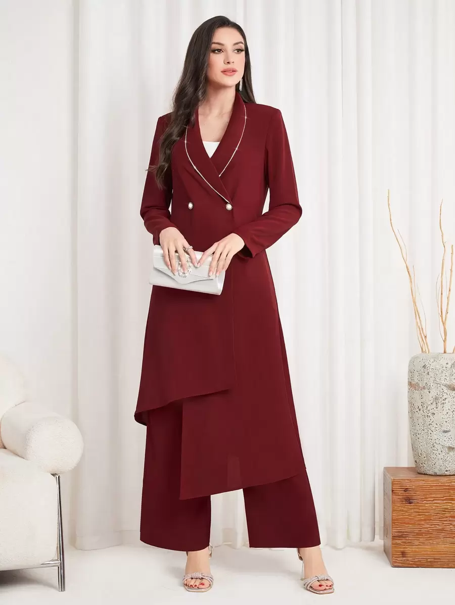 Modelyn Burgundy Red Women'S Double-Breasted Suit Jacket And Pants Set - Burgundy - View 1