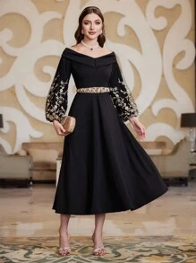 Modelyn 女士刺绣网眼灯笼袖露肩连衣裙，不含腰带超长女士装长款晚礼服 - 黑色 - 查看 1