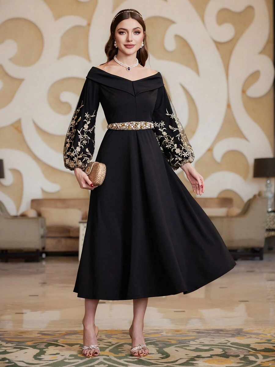 Modelyn 女士刺绣网眼灯笼袖露肩连衣裙，不含腰带超长女士装长款晚礼服 - 黑色 - 查看 1