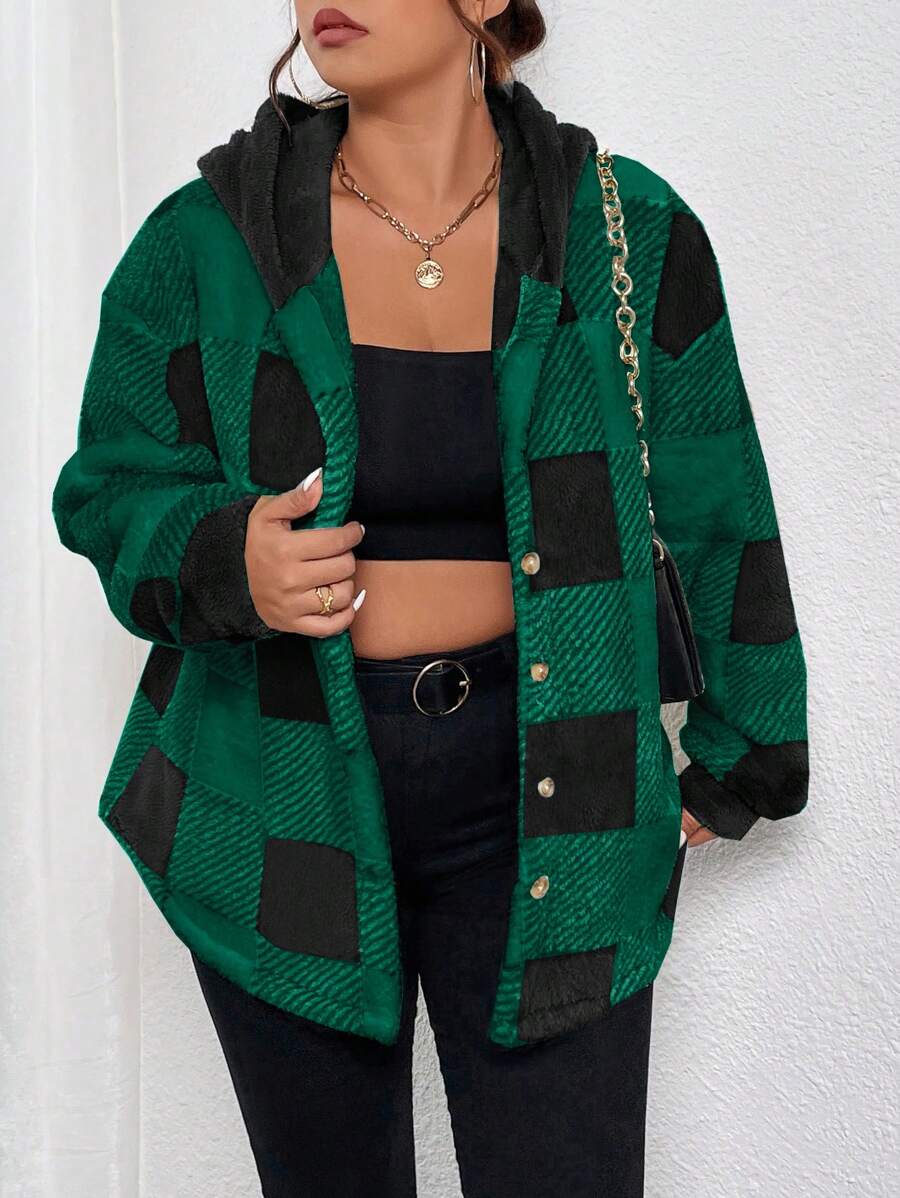 Flirla Plus Buffalo Plaid Print Hooded Flannel Coat