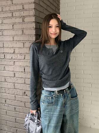 2合1字母印花長袖上衣