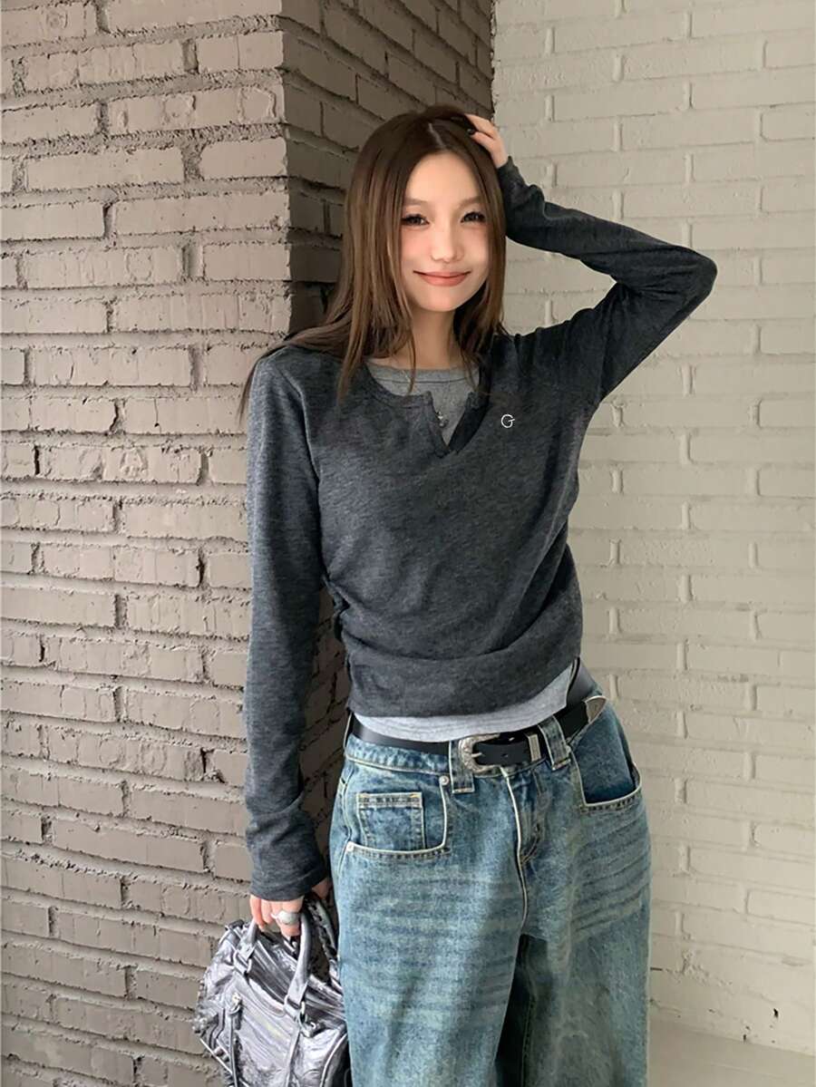 2合1字母印花長袖上衣