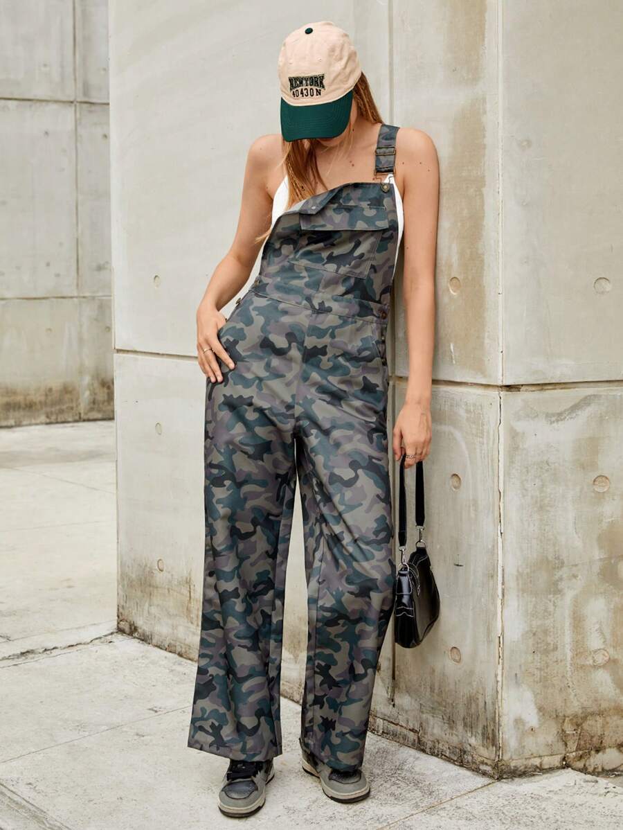 SHEIN EZwear 女式迷彩編織工褲衫連身褲,帶肩帶 - 軍綠色 - 查看 1