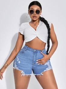 SHEIN SXY Women'S Plus Size Stretchy Tight Ripped High Waisted Denim Shorts