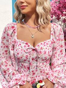 Soleia 女用甜心領燈籠袖碎花連身裙 - 粉色 - 查看 6