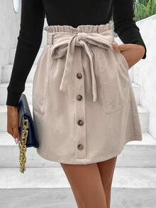 SHEIN Frenchy 女式鈕扣腰帶紙袋腰裙 - 杏色 - 查看 6