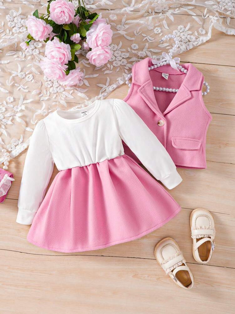 Baby Girls' Solid Color Woolen Vest With Color-Contrasting Dress Set