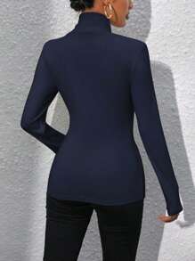 SHEIN Privé Solid Color Long Sleeve T-Shirt - Navy Blue - View 2