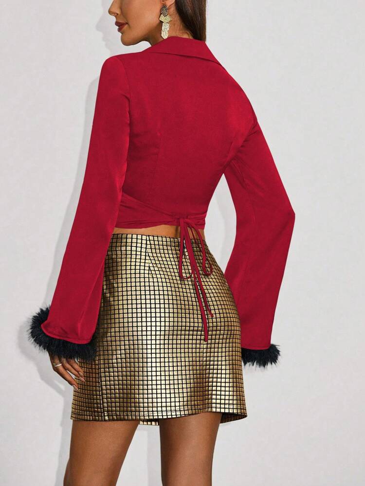 Color Block Fuzzy Cuff Wrap Blouse Fall Cloth For Women