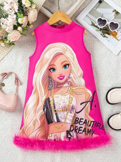 SHEIN Vestido Con Hem De Pelusa Para Niñas Pequeñas Con Estampado De Personaje De Dibujos Animados Y Letras