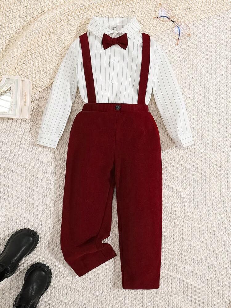 2pcs/Set Young Boys' Elegant Woven Stripe Shirt With Bow Tie And Suspender Pants Gentleman Outfit
