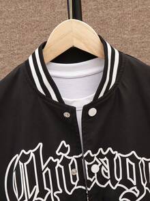 SHEIN Tween Boys' Casual Fashionable Letter Printed Color Block Baseball Jacket - Black and White - View 4