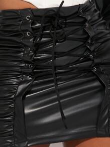 Hauture Lace Up Ruched Side PU Leather Skirt - Black - View 7
