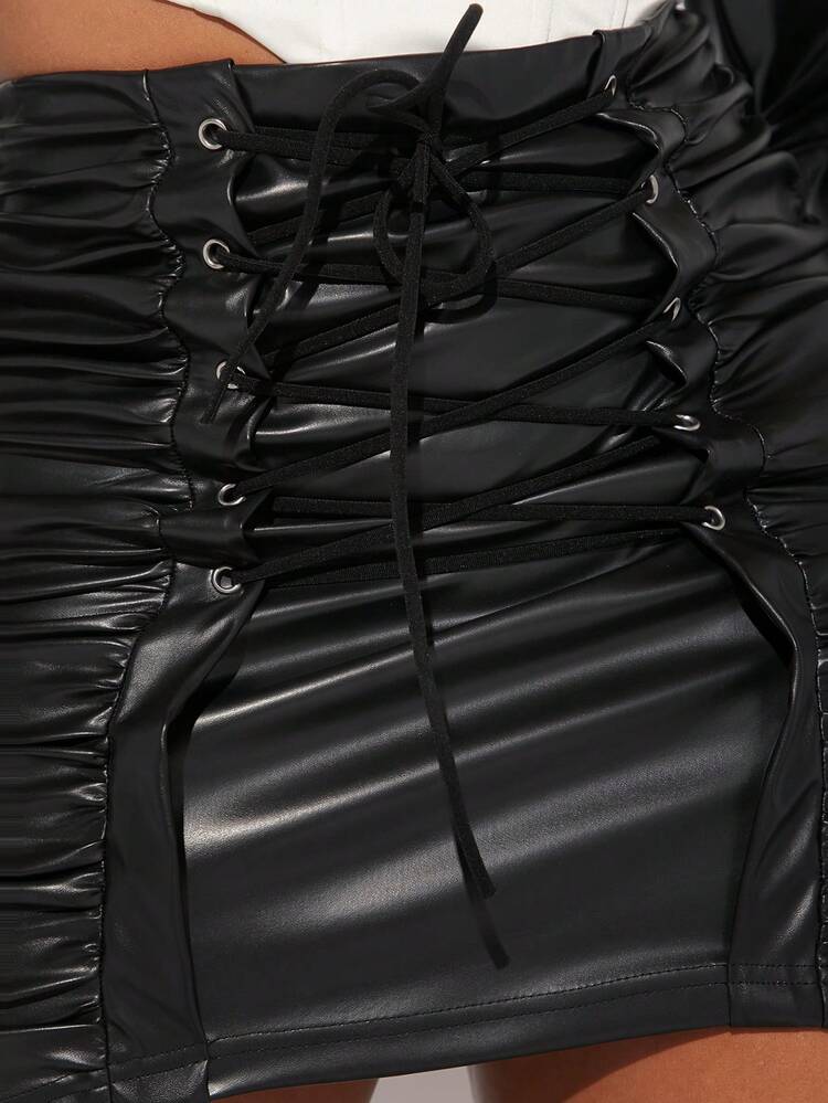 Lace Up Ruched Side PU Leather Skirt